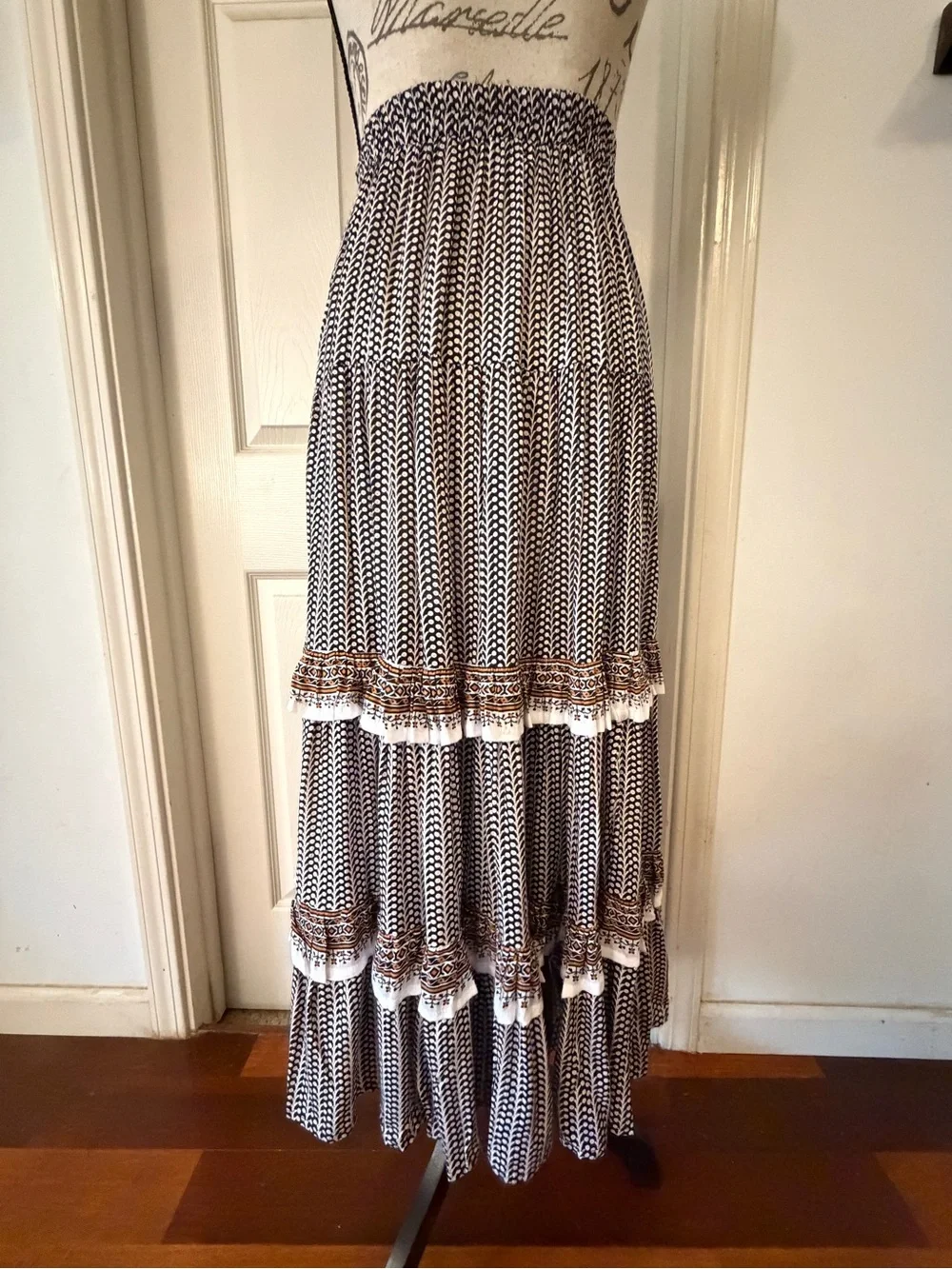 Tiered Black & White Printed Midi Skirt